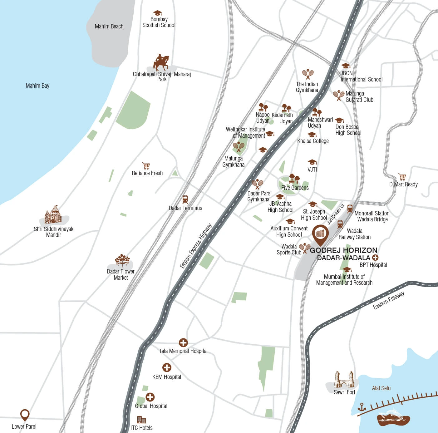 Godrej Horizon Wadala location map showing Eastern Express Highway, Sion Station, BKC and the Bandra-Worli Sea Link